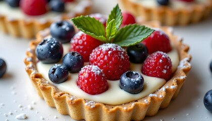 Miniature tart shells, baked to a golden crisp, cradle a light and airy vanilla bean pastry cream. Atop this cloud rests a vibrant mosaic of locally sourced, peak season berries