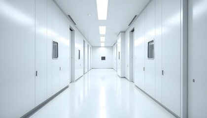 A long, brightly illuminated corridor stretches into the distance, defined by pristine white walls and a polished, light reflecting floor