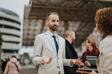 Business professionals engaged in discussion outdoors, exhibiting teamwork and collaboration while...