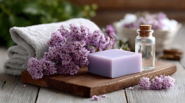 Delight in a calming lavender spa arrangement featuring essential oils, candles, and soft towels for an inviting retreat at home