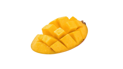 A perfectly ripe mango sliced to reveal its vibrant yellow flesh, exuding sweetness and freshness.