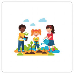 Kids Planting Trees &ndash; Environmental Awareness Vector