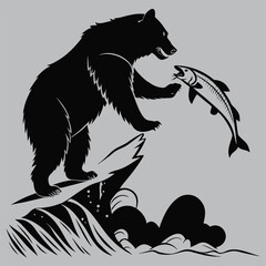 Bear Catching Salmon in Stream silhouette vector design art and illustration