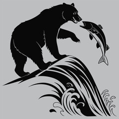 Bear Catching Salmon in Stream silhouette vector design art and illustration