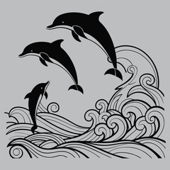 Dolphins Jumping Together from Sea Waves silhouette vector design art and illustration