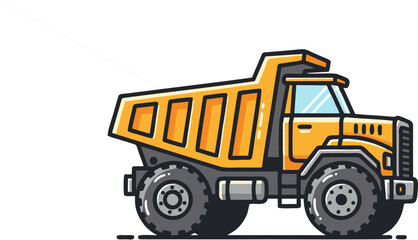 A vibrant illustration depicts a yellow dump truck, ready for transport and construction.