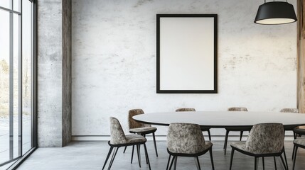 Oval conference table in a modern room with large windows.
