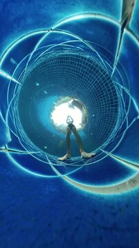 Vertical video. Person Walking Underwater in Pool Seen Through Tiny Planet Effect with Dynamic Circular Lines, Concept Aquatic Exploration