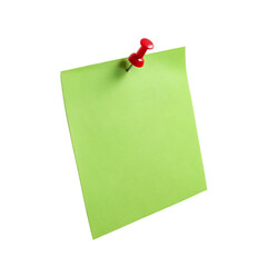 A blank bright green sticky note held by a pushpin for office reminders isolated on a transparent background png