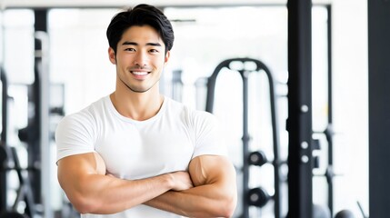 日本人 男性 アジア人 ムキムキ 筋肉 パーソナル トレーナー スマイル ジム バストショット 灰色 白 背景