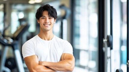 日本人 男性 アジア人 ムキムキ 筋肉 パーソナル トレーナー スマイル ジム バストショット 灰色 白 背景