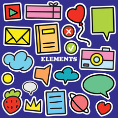 Hand drawn colorful element set. Sketch pencil stroke vector graphic pen underline scribble icon. Hand drawn line heart, crown, star symbol highlight marker shape. Vector illustration