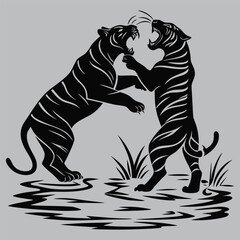 Two Tigers Fighting in Shallow Water Silhouette vector design art and illustration