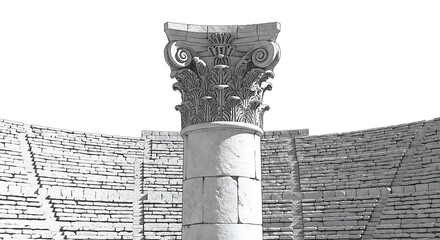 3d cartoon illustration, corinthian column and capital in roman theatre in amman, monochrome tones, subject at middle, ,isolated on bright background, no text