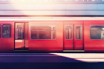 Crimson passenger train with sun-drenched exterior and multiple doors at the platform. Public transit.
