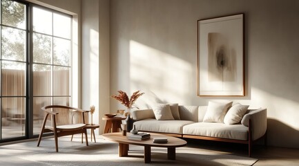 Sun-drenched living room with neutral tones, natural light, and modern furniture for a calm, inviting space.