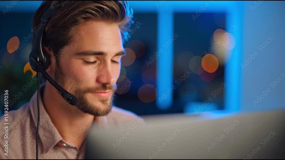 Poster focused man wearing headset working on computer in modern office with blurred city lights in backgro