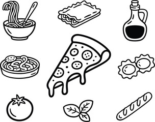 Hand drawn italian food icons featuring pizza pasta and other delicious dishes