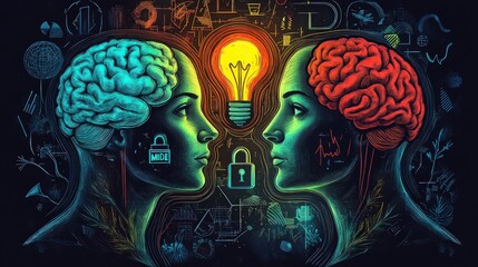 Two faces with brains and a lightbulb, symbolizing connection and ideas