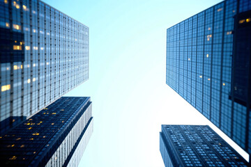 Fototapeta premium Upward wide-angle view of modern corporate skyscrapers with glass reflections and open blue sky, symbolizing business growth, financial ambition, and real estate development in urban city centers.