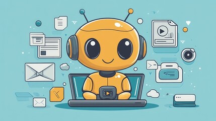Cute robot working on laptop