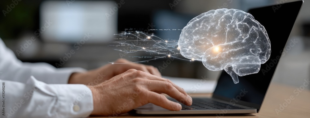 Poster businessman engages with advanced technology using ai icons and data flow, enhancing productivity in