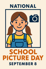 National School Picture Day poster with illustrated girl and camera 
