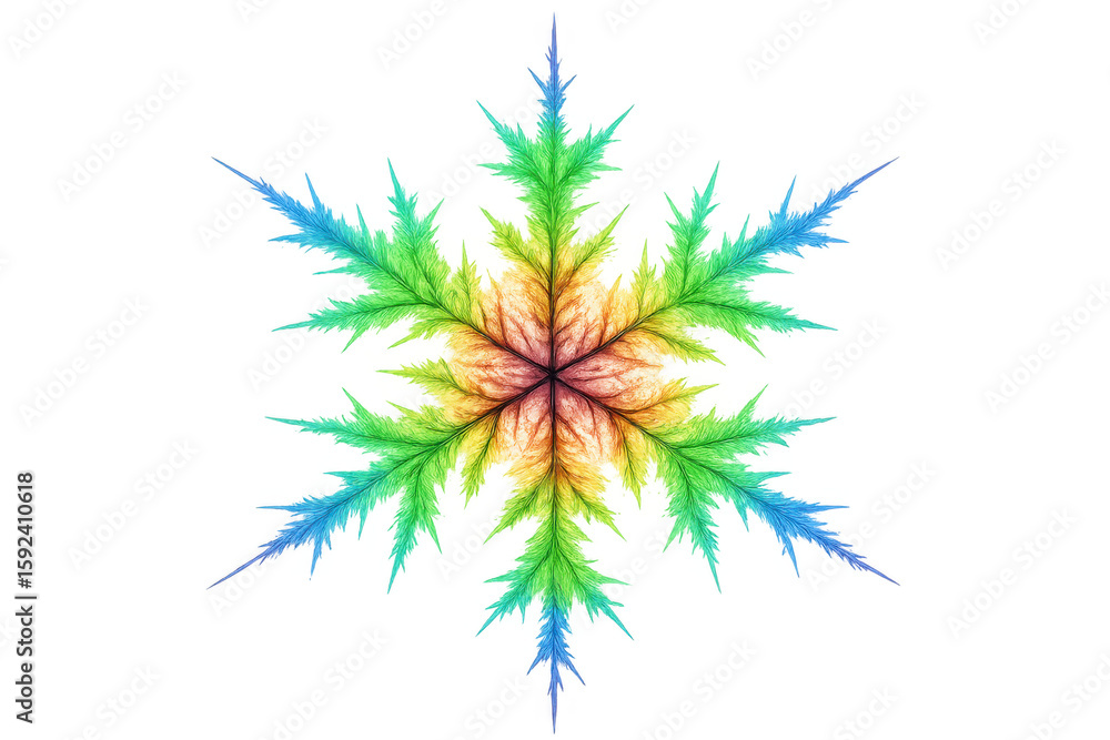 Poster delicate fractal snowflake pattern revealing multicolored geometric symmetry against transparent whi