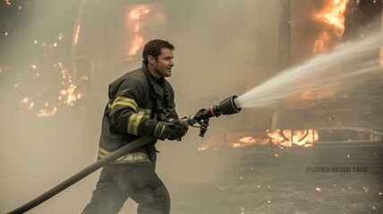 firefighter, Firefighter battling flames with powerful hose, smoke and fire in background