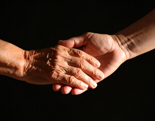 An aged, wrinkled hand is gently cradled by a younger, smoother hand against a dark background, powerfully symbolizing care, wisdom, intergenerational connection, and support.