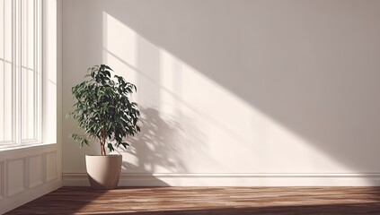 Bright room with plant and sunlit shadows