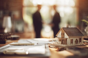 Blurred interior, house model, documents