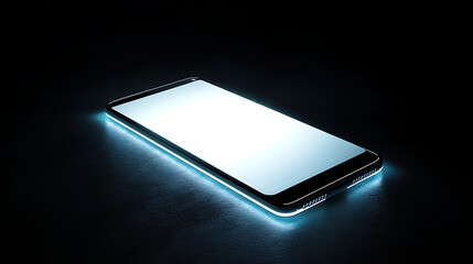 frameless Android smartphone mockup, glowing screen, floating above black surface, futuristic ambient lighting.