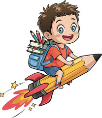 A cheerful boy takes flight on a pencil rocket exploring education and adventure