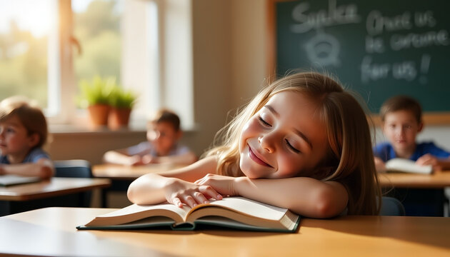 Little girl resting on book at school desk during class, eyes closed, peaceful moment in bright classroom
