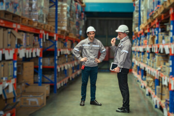 Two logistics workers discuss stock levels in a warehouse aisle. Ideal for enterprise operations,...