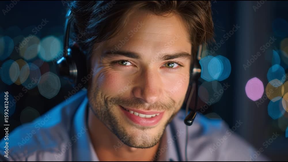 Poster cheerful man wearing headset smiling warmly in professional setting with vibrant bokeh lights at nig