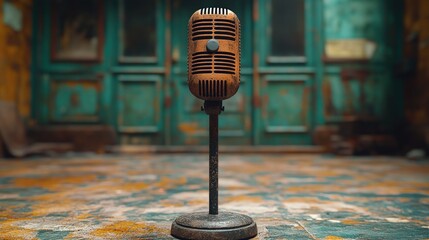 Vintage microphone in a decaying room