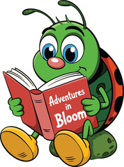 Cartoon ladybug reading a book entitled adventures in bloom  for educational illustrations