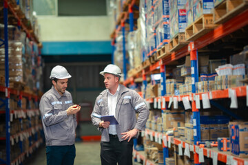 Warehouse professionals reviewing processes. Strong image for transport efficiency, product...