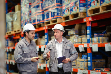 Focused discussion during warehouse operations. Ideal for corporate logistics planning, service...