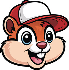 Cheerful cartoon squirrel wearing a baseball cap with a big grin and smiling face