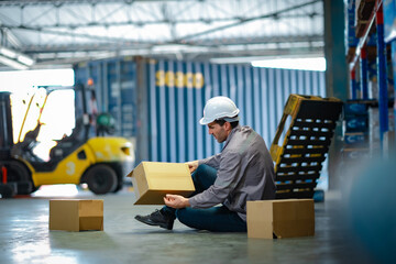 Accident scene in warehouse: aging worker down beside fallen parcels. Ideal for content on injury...