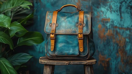 Teal Leather Backpack on Wooden Stool