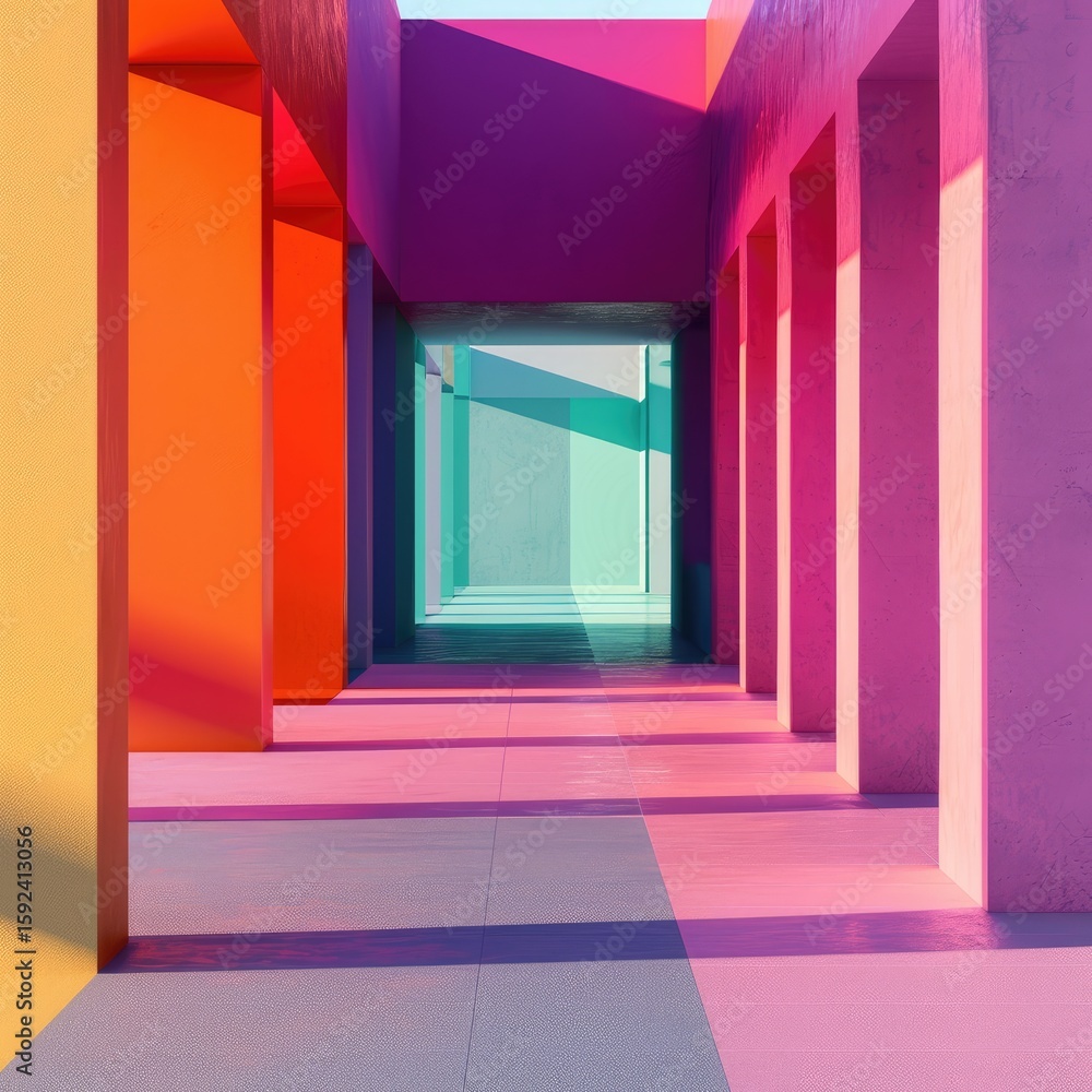 Aufkleber colorful, abstract architectural rendering of a vibrant corridor with pastel walls and columns, cast