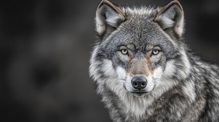 Close-up portrait of a gray wolf, intense gaze, dark background.