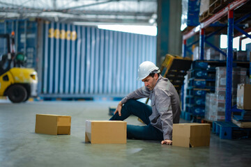 Senior male worker fell on warehouse floor with boxes scattered. Concept for workplace accident,...
