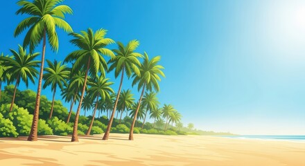 Fototapeta premium Tropical beach paradise features golden sand, azure sky, and lush green palm trees under the bright sunshine inviting relaxation.