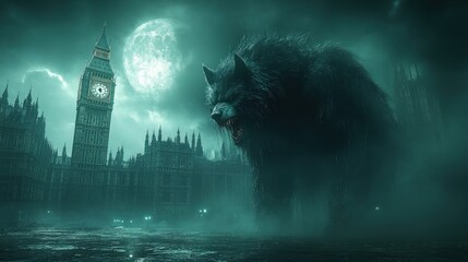 Night wolf in front of Big Ben
