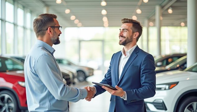 A car salesman greets a customer at a car dealership